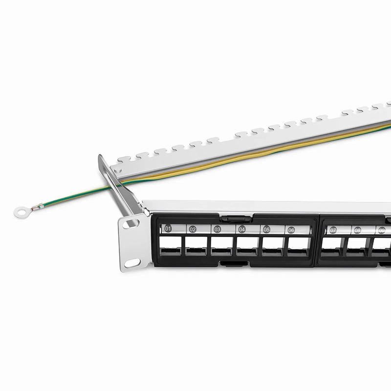 FDMP Blank Shielded/UnShielded Angled Recessed Patch Panel for Keystone Modules, 24-Port, 1RU, Cable Management Bar Included, Black