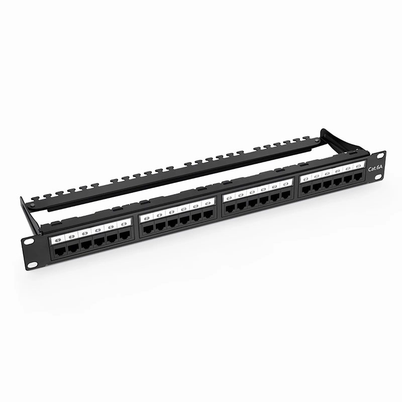 Cat6a 110-Style Unshielded Patch Panel, 24-Port, 1RU, Cable Management Bar Included