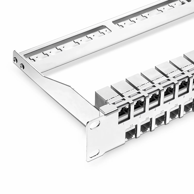 FDMP Cat6a Shielded Coupler Flat Patch Panel, 48-Port, 1RU, Cable Management Bar Included