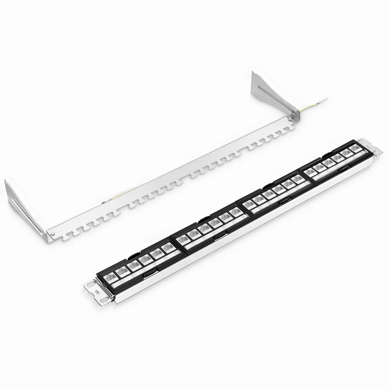 FDMP Cat6a Shielded Coupler Recessed Patch Panel, 24-Port, 1RU, Cable Management Bar Included