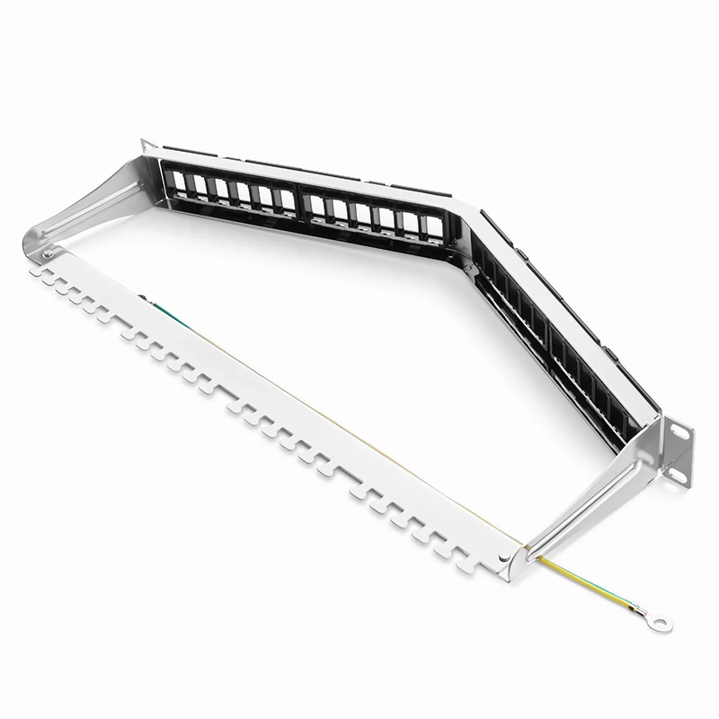 FDMP Blank Shielded/UnShielded Angled Recessed Patch Panel for Keystone Modules, 24-Port, 1RU, Cable Management Bar Included, Black