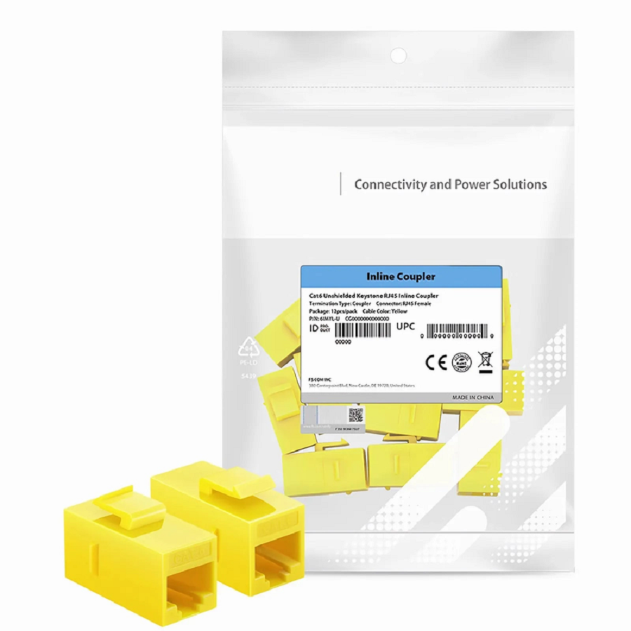 Cat6 Keystone RJ45 Coupler, Unshielded, Female to Female Insert Inline Coupler - Yellow (12pcs/Pack)