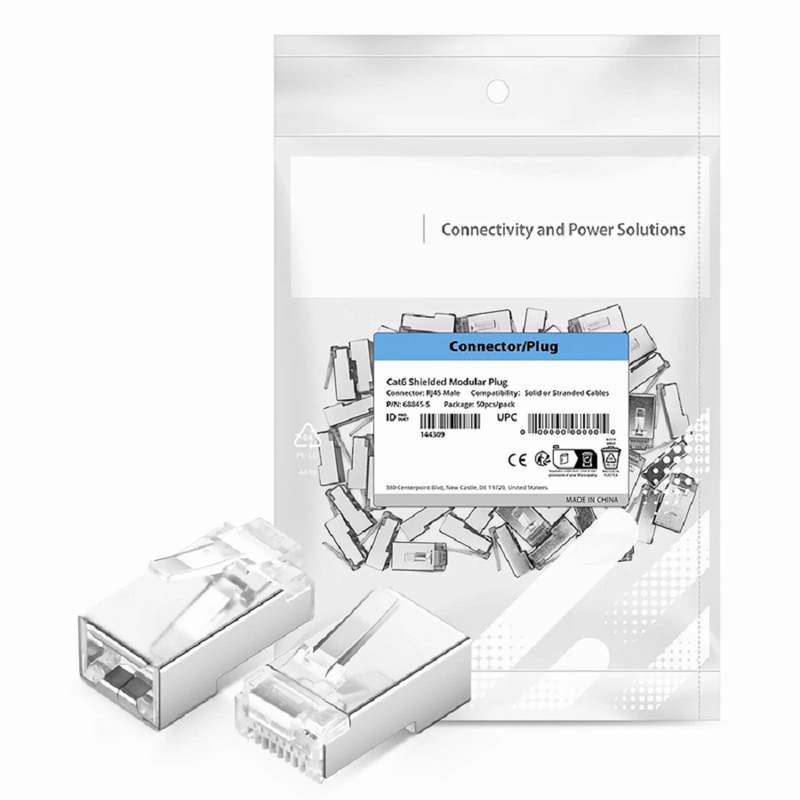 Cat6 RJ45 Standard Modular Plugs (Two-Piece Suit), Shielded Network Connectors for 26AWG Twisted Pair Solid or Stranded Cable (50/Pack)