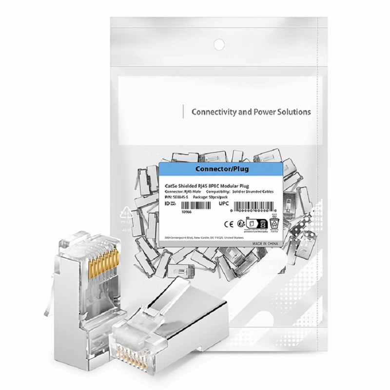 Cat5e RJ45 Standard Modular Plugs, Shielded Network Connectors for 24~26AWG Twisted Pair Solid or Stranded Cable (50/Pack)
