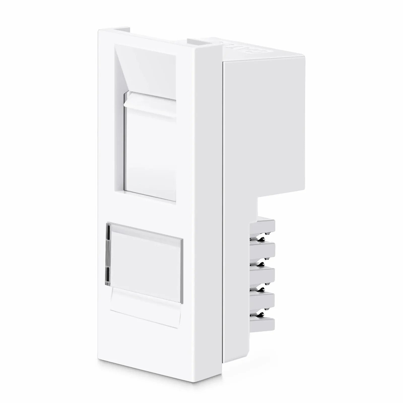 British-Style Cat6 Shuttered Faceplate Frame Insert, Label Pockets, Flat, 1 Port, White, 1.97'' x 0.98''