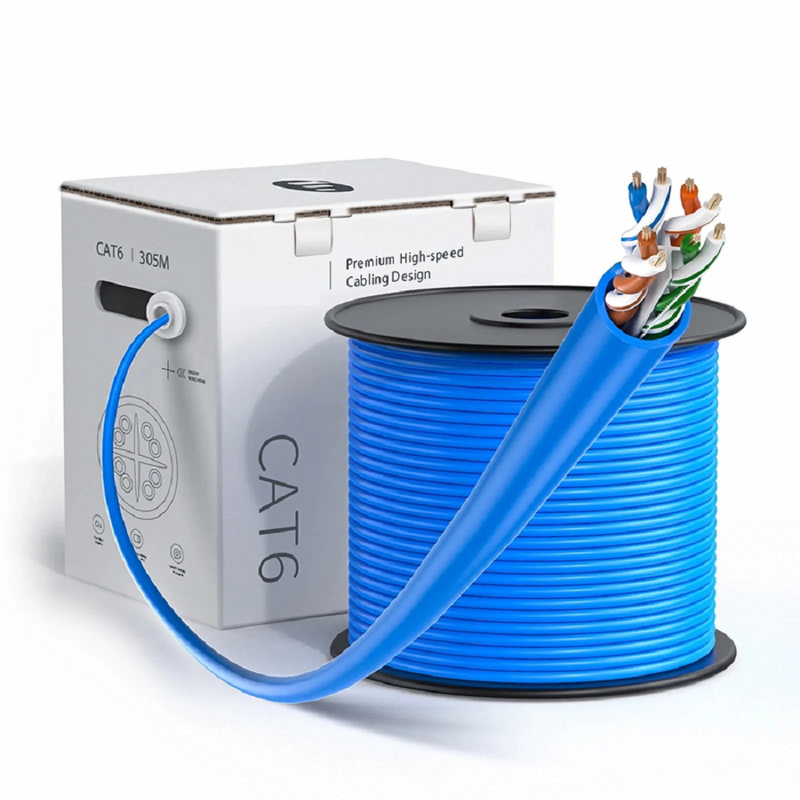 Cat6 Ethernet Bulk Cable, 1000ft (305m), UL Listed, 23AWG Solid Pure Bare Copper Wire, 550MHz, Unshielded (UTP), PVC CMR, with Reel (Blue)