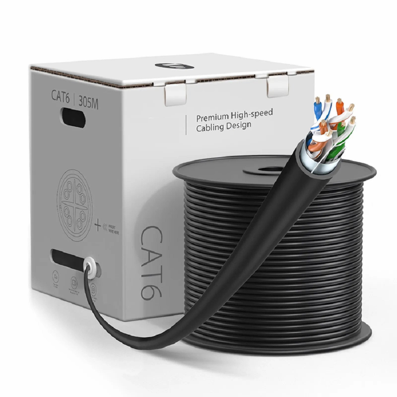 Cat6 Ethernet Bulk Cable, 1000ft (305m), UL Listed, 26AWG Stranded Pure Bare Copper Wire, 550MHz, Shielded (F/UTP), PVC CM, with Reel (Black)