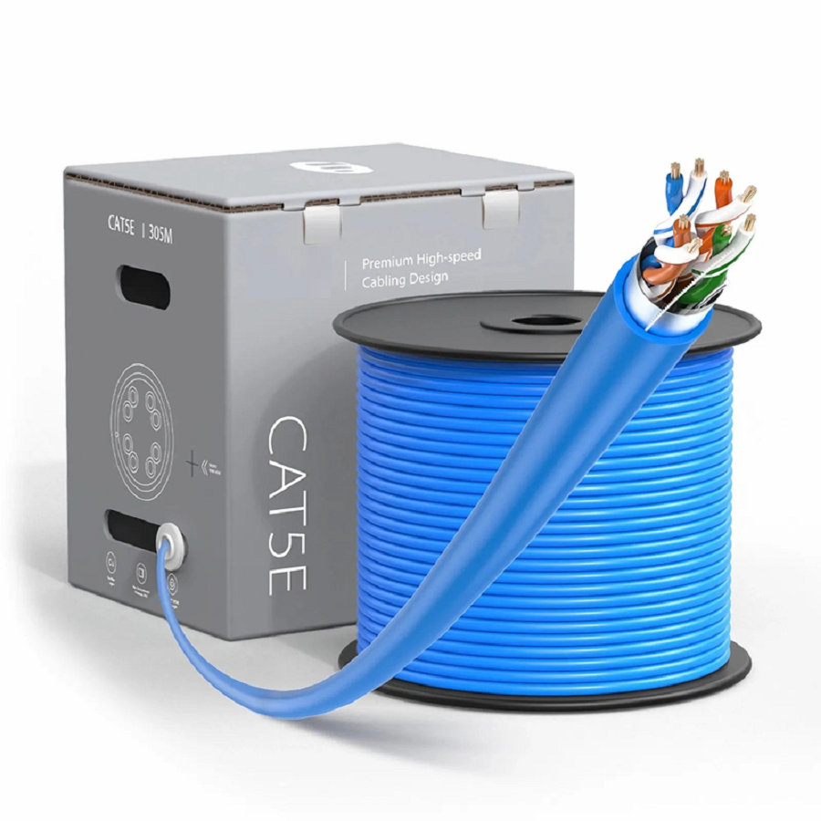Cat5e Ethernet Bulk Cable, 1000ft (305m), UL Listed, 26AWG Stranded Pure Bare Copper Wire, 350MHz, Shielded (F/UTP), PVC CM, with Reel (Blue)