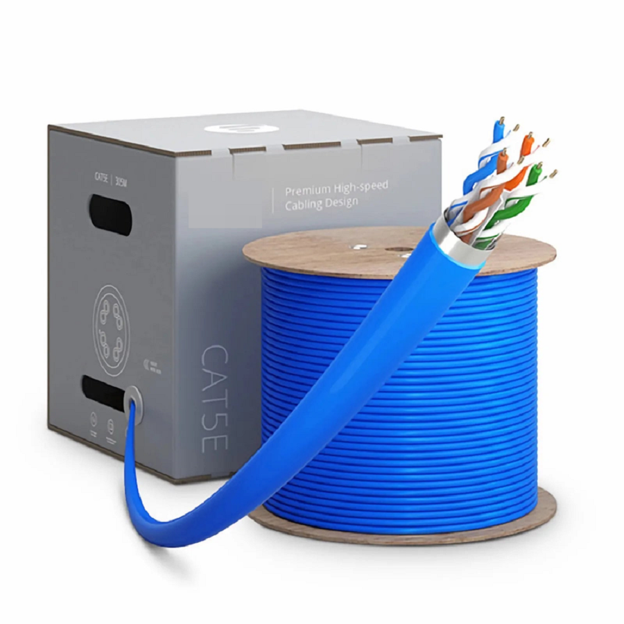 Cat5e Ethernet Bulk Cable, 1000ft (305m), 24AWG Solid Pure Bare Copper Wire, 350MHz, Shielded (F/UTP), PVC CMR, with Reel (Blue)