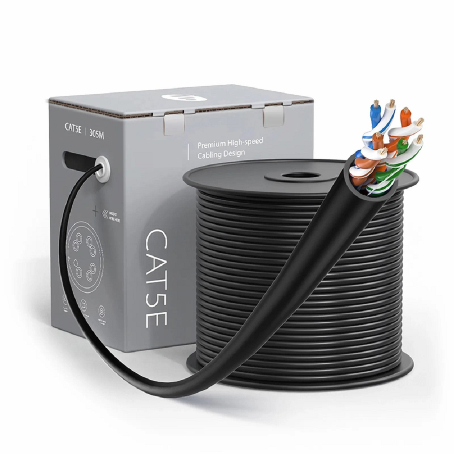 Cat5e Ethernet Bulk Cable, 1000ft (305m), UL Listed, 24AWG Stranded Pure Bare Copper Wire, 350MHz, Unshielded (UTP), PVC CM, with Reel (Black)
