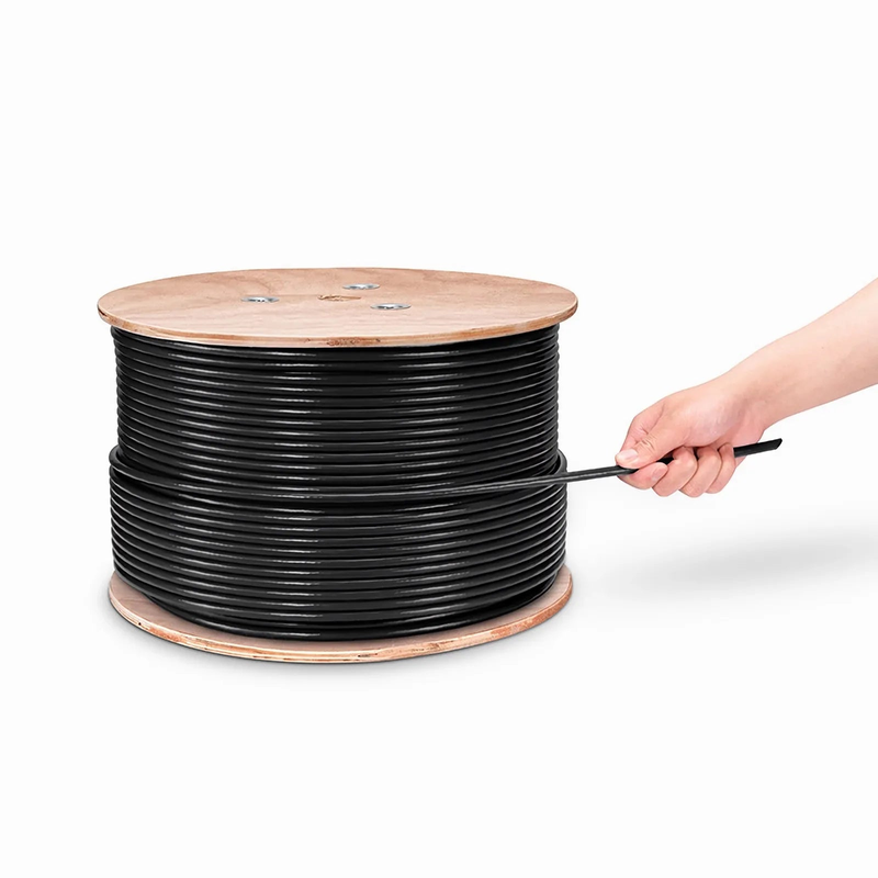 Cat6 Outdoor Direct Burial Cable, 1000ft (305m), 23AWG Solid Pure Bare Copper, 550MHz, Shielded (F/UTP), UV Rated PVC and LDPE Double Jackets, with Reel, Black
