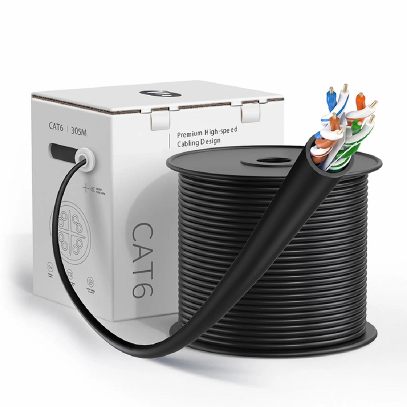 Cat6 Ethernet Bulk Cable, 1000ft (305m), UL Listed, 23AWG Solid Pure Bare Copper Wire, 550MHz, Unshielded (UTP), PVC CMR, with Reel (Black)