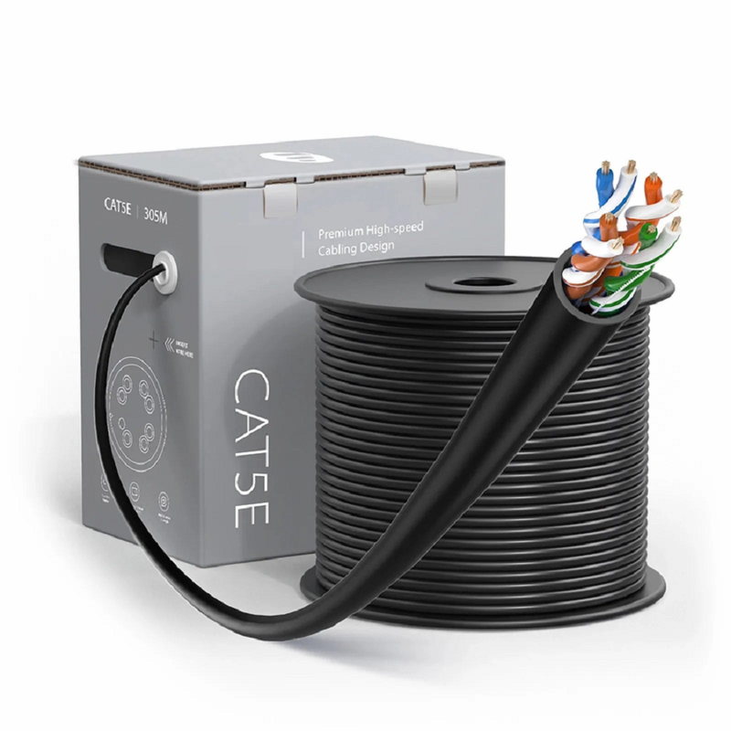 Cat5e Ethernet Bulk Cable, 1000ft (305m), UL Listed, 24AWG Stranded Pure Bare Copper Wire, 350MHz, Unshielded (UTP), PVC CM, with Reel (Black)