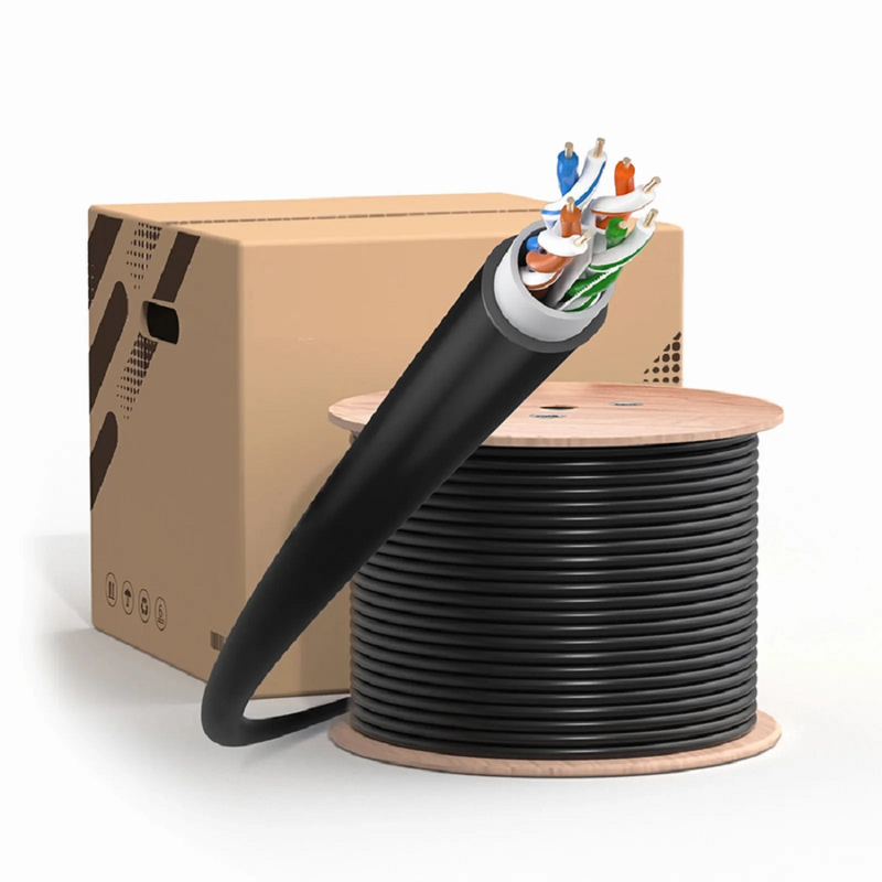 Cat5e Outdoor Direct Burial Cable, 1000ft (305m), 24AWG Solid Pure Bare Copper, 350MHz, Shielded (F/UTP), UV Rated PVC and LDPE Double Jackets, with Reel, Black